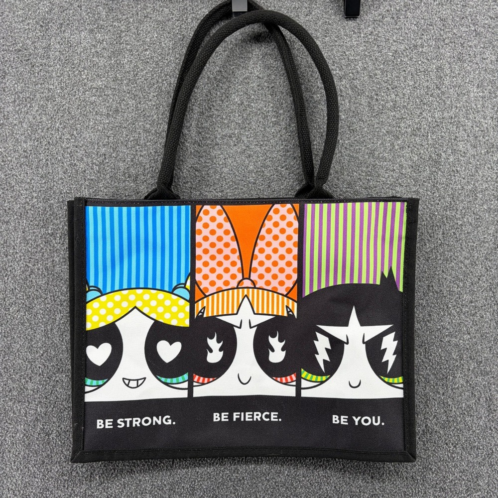 Powerpuff Girls‎ Canvas Tote Bag Large Shopper Cartoon Graphic Black Retro